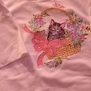 Pink Cat in Basket Embroidered Pet-Themed Tee Never Worn